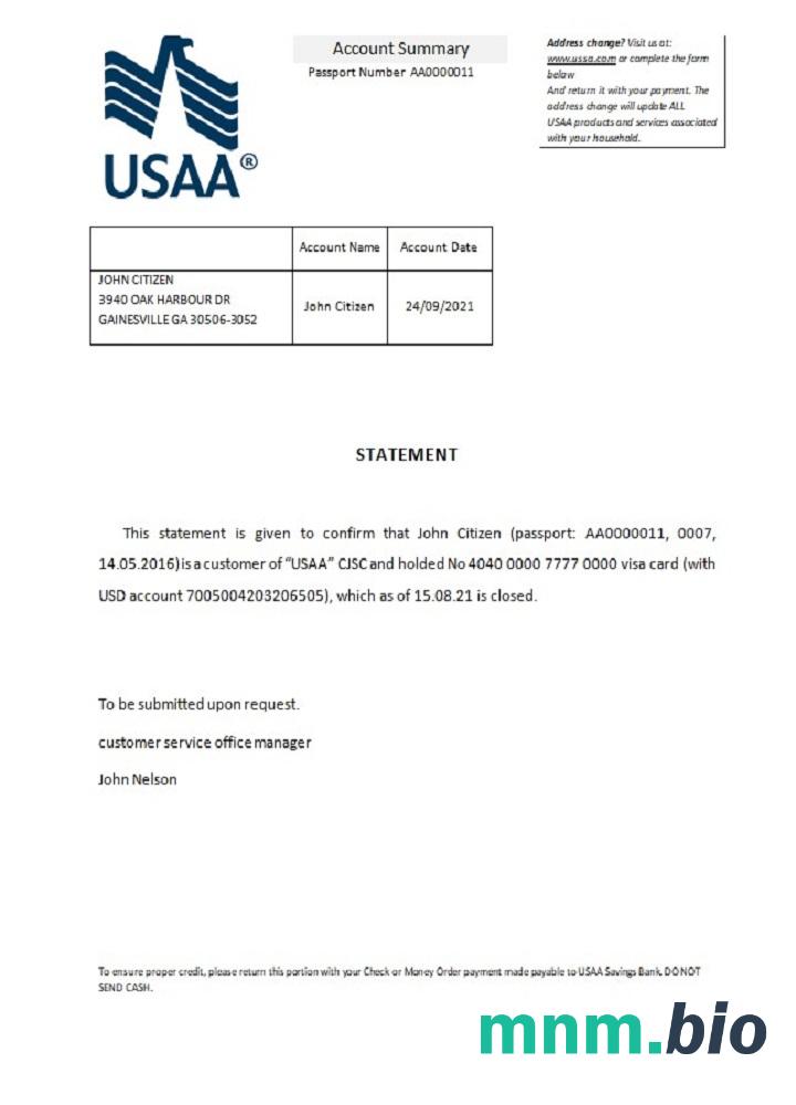 Przykład odniesienia do zamknięcia USA USAA w formatach Word i PDF